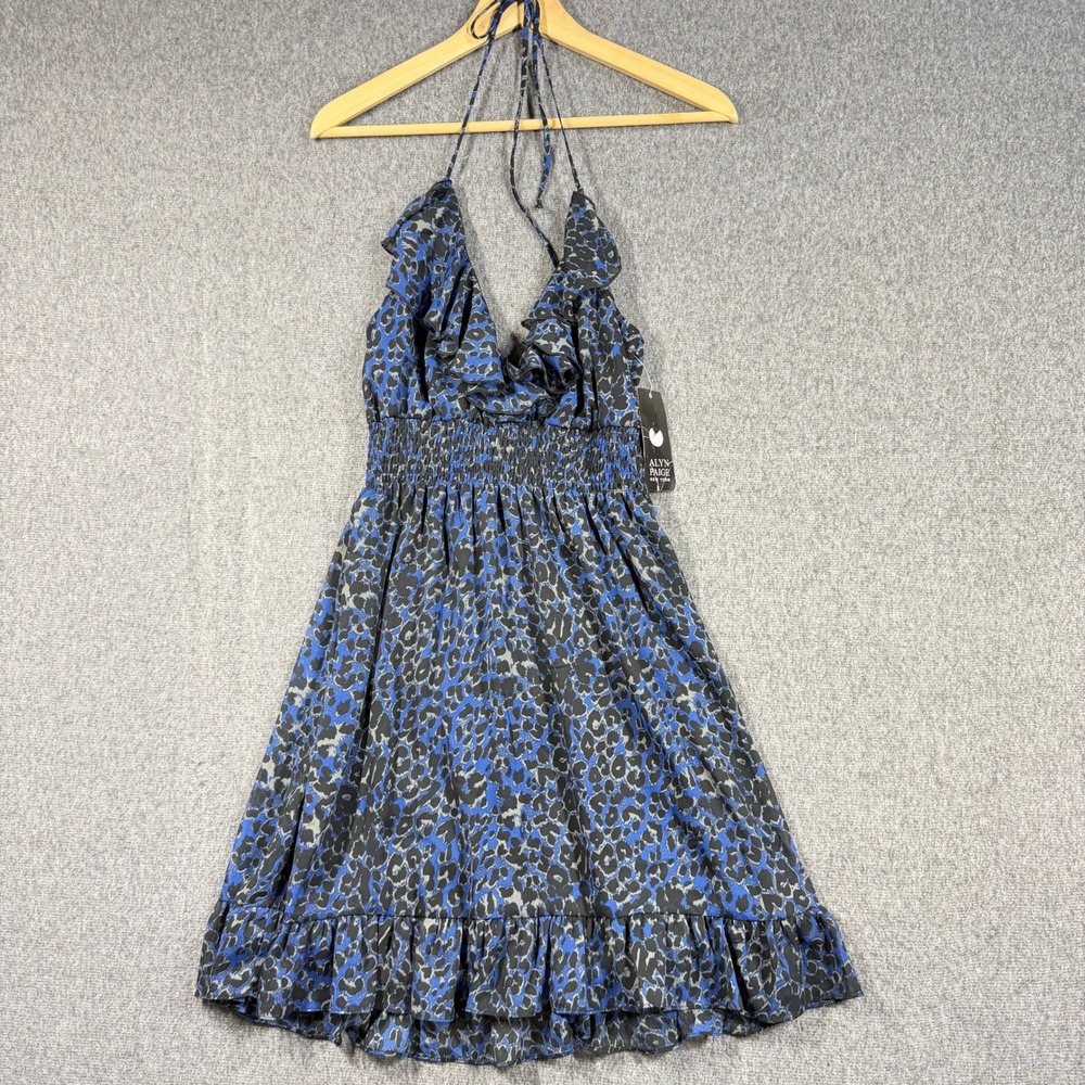 NWT Y2K Alyn Paige New York Blue Leopard Ruffle Halter Dress Smocked Waist 5/6